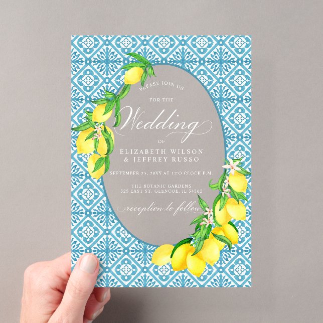 Sicilian Blue Tiles Summer Lemon Boho Wedding Acryleinladungen (Insitu (Handheld))
