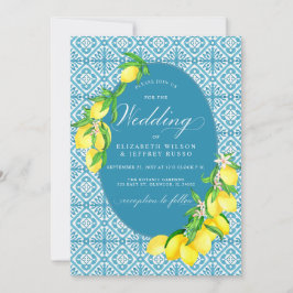 Sicilian Blue Tiles Summer Lemon Boho Wedding Einladung
