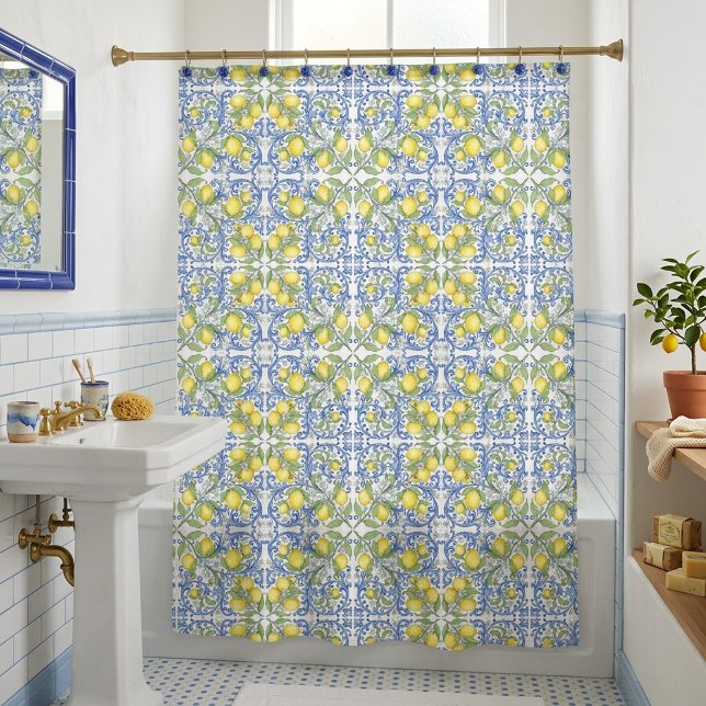 Sicilian Lemon Blue Majolica Tile Shower Curtain Duschvorhang (Sicilian Lemon Blue Majolica Tile Shower Curtain)