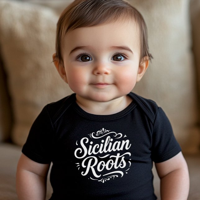 Sicilian Roots Classic Typography  Baby Bodysuit Baby Strampler (Sicilian Roots Old Style Typography on Baby Bodysuit - Sicily and Italian heritage baby gift)
