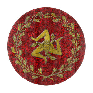 Sicilian Trinacria Olive Wreath Patina Hintergrund Schneidebrett