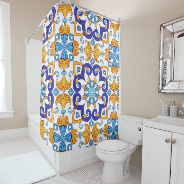 Sicilian Vibrant Majolica Scrollwork Mediterranean Duschvorhang (Beispiel)