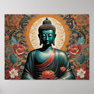 Siddarta Gautama Buddha in Meditation mit Blumen Poster