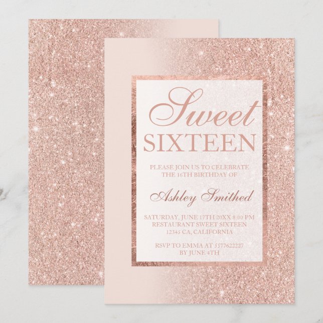 Side Rose Gold Glitzer elegant schick Sweet 16 Einladung (Vorne/Hinten)