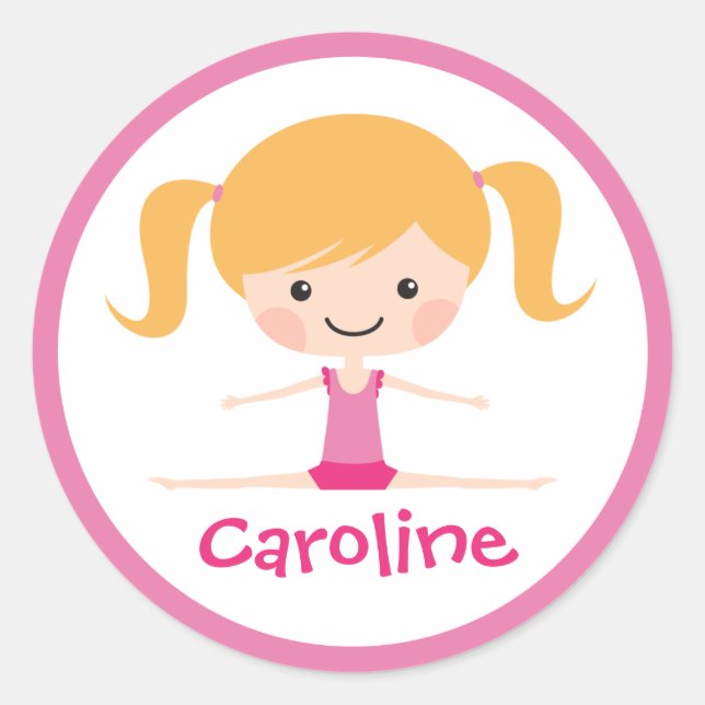 Side split gymnast Girl Cartoon individuelle Name Runder Aufkleber (Vorderseite)