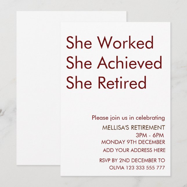 Sie arbeitete daran, dass sie ihren Ruhestand verl Einladung (Vorne/Hinten)