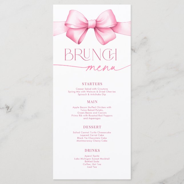 Sie bindet den "Knot Pink Bow Brautparty Brunch" Menükarte (Vorderseite)