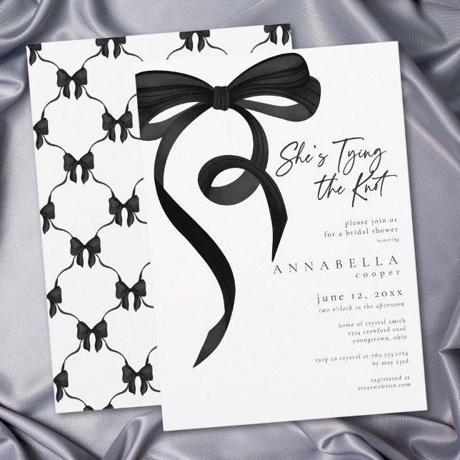 Sie bindet den Knoten Chic Schwarze Schleife Jungg Einladung (Shes Tying the Knot Chic Black Bow Bridal Shower Invitation)