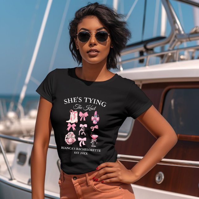 Sie bindet den Knoten rosa Bogen Junggeselinnen-Ab T-Shirt (Von Creator hochgeladen)