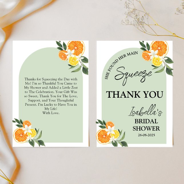 Sie fand ihr Brautparty Citrus Lemon Dankeskarte (She Found Her Main Squeeze” Citrus Lemon Bridal Shower  lemons, watercolor greenery, summer fruit)