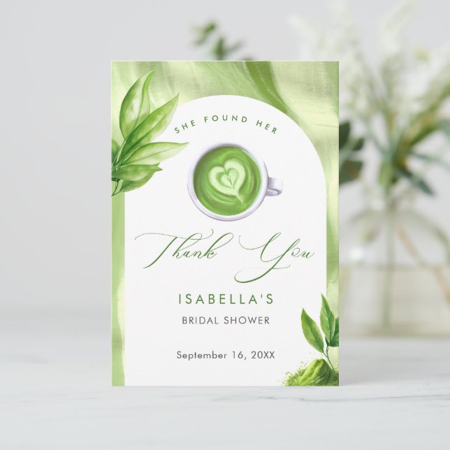 Sie fand ihr perfektes Matcha Elegante Bridal Show Dankeskarte (Stehend Vorderseite)