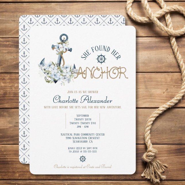 Sie fand ihren Anchor Nautical Brautparty Einladun Einladung (Sail into love with this floral anchor bridal shower invitation.)