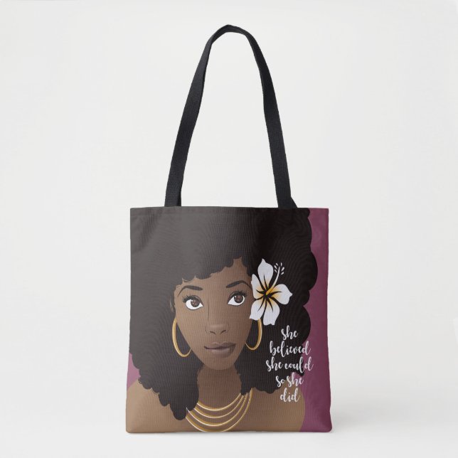 Sie glaubte, sie könnte, schwarze Frau, Blume Lila Tasche (Vorderseite)