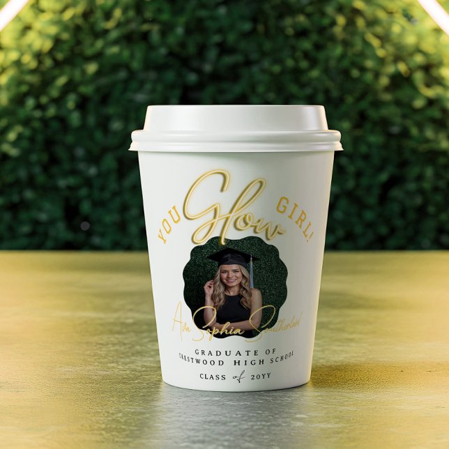 Sie Glow Girl Wavy Yellow Neon Abschluss Foto Pappbecher (You Glow Girl Wavy Yellow Neon Graduation Photo Paper Cups)