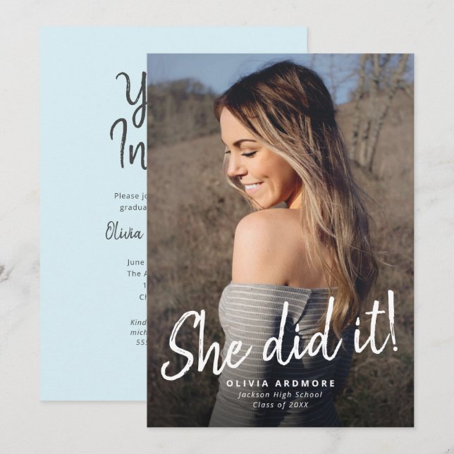 Sie hat es getan! Abschluss Foto Einladung (Vorne/Hinten)