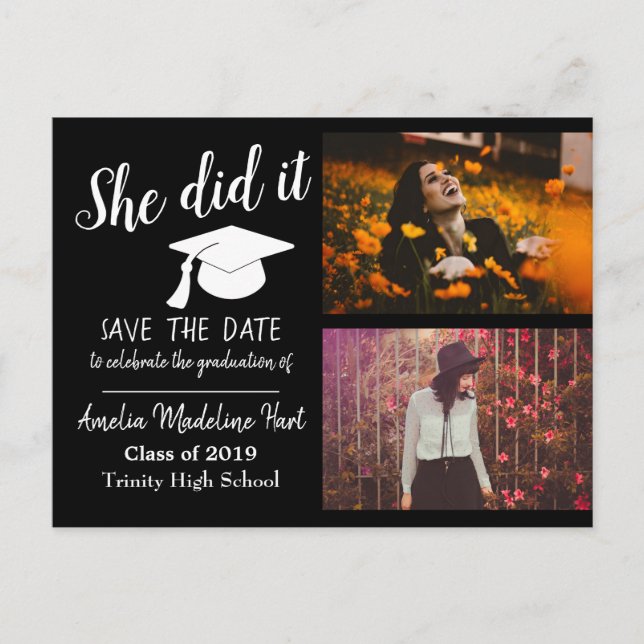 Sie hat es getan | Save the Date Abschluss Foto Bl Postkarte (Vorderseite)