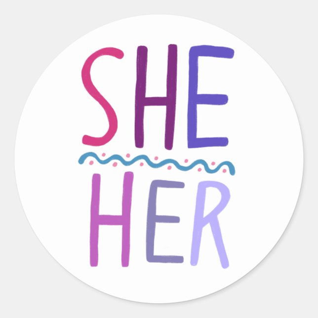 SIE / IHR Pronouns Lila Handschrift Set von Runder Aufkleber (Vorderseite)