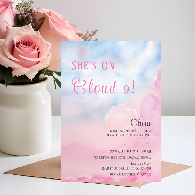 Sie ist auf Cloud 9 Pink Watercolor Brautparty Einladung (Von Creator hochgeladen)