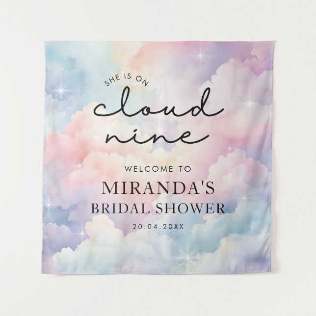 Sie ist auf Cloud Nine Brautparty Begrüßungszeiche Wandteppich (Vorderseite)