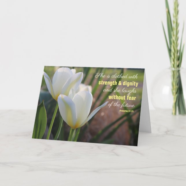 Sie ist bekleidet Sprichwörter 31:25 Weiße Tulip Karte (Vorderseite)