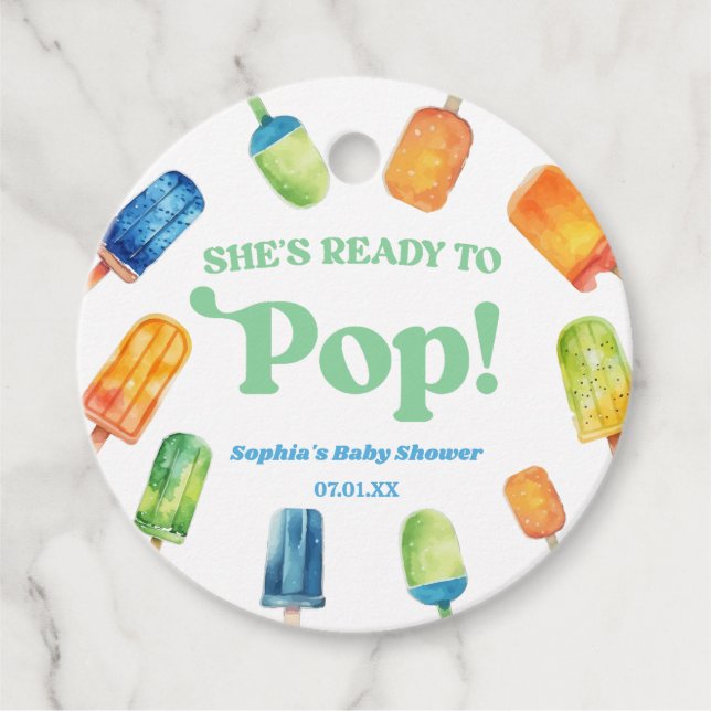 Sie ist bereit, eine blaugrüne Kinderdusche Pop Geschenkanhänger (Vorderseite)