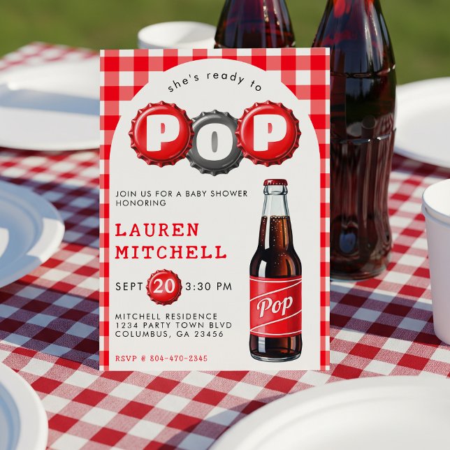 Sie ist bereit, eine Karierte Red Baby Dusche aus  Einladung (She's Ready To Pop Soda Plaid Red Baby Shower Invitation
)