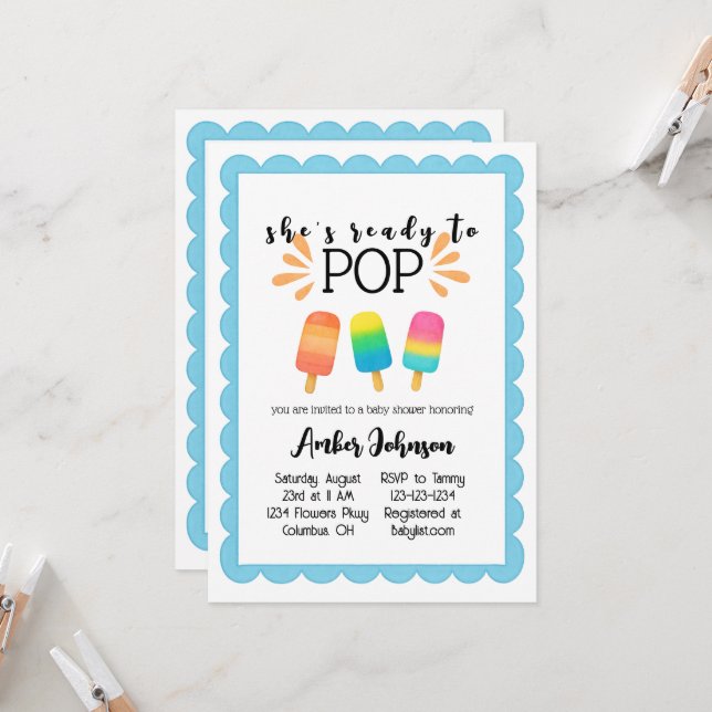 Sie ist bereit für Pop-Dusche Einladung (Vorderseite/Rückseite Beispiel)