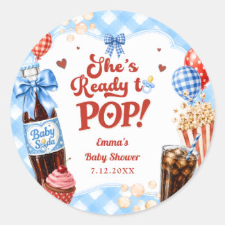 Sie ist bereit, Limonade Blau Gingham Baby Shower Runder Aufkleber