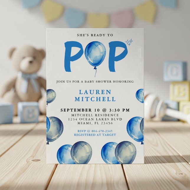 Sie ist bereit zum Pop Balloons Blue Boy Baby Dusc Einladung (She's Ready To Pop Balloons Blue Boy Baby Shower Invitation
)