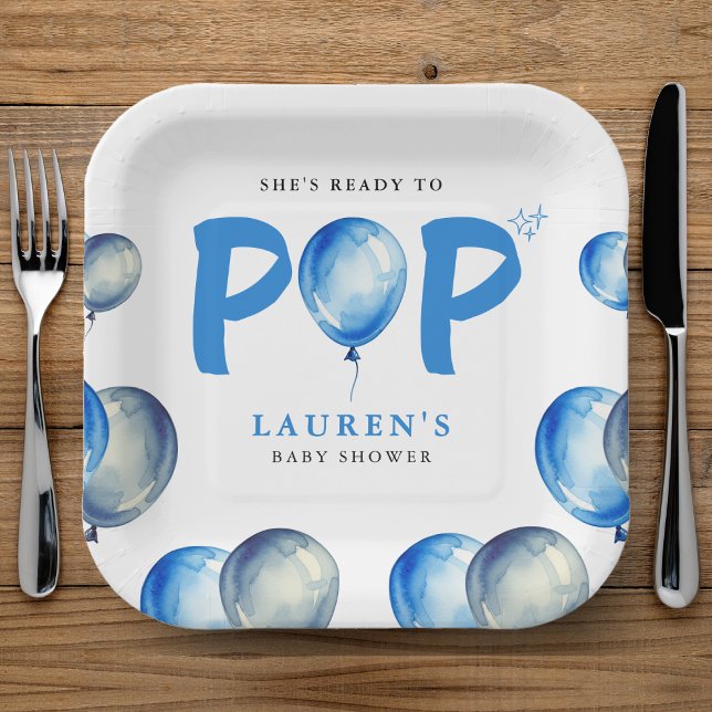 Sie ist bereit zum Pop Balloons Blue Boy Baby Dusc Pappteller (She's Ready To Pop Balloons Blue Boy Baby Shower Paper Plates
)