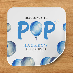 Sie ist bereit zum Pop Balloons Blue Boy Baby Dusc Quadratischer Aufkleber