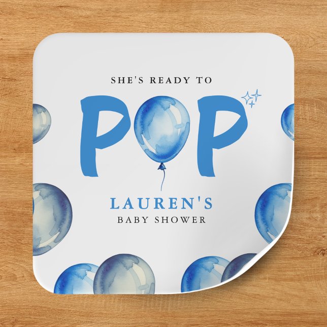 Sie ist bereit zum Pop Balloons Blue Boy Baby Dusc Quadratischer Aufkleber (She's Ready To Pop Balloons Blue Boy Baby Shower Square Sticker
)