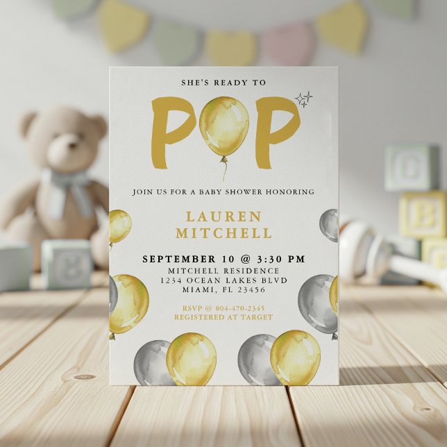 Sie ist bereit zum Pop Balloons Gold Baby Dusche Einladung (She's Ready To Pop Balloons Gold Baby Shower Invitation
)
