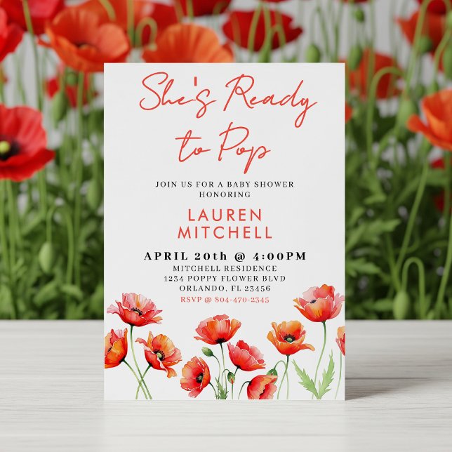 Sie ist bereit zum Pop Poppy Blume Spring Baby Dus Einladung (She's Ready to Pop Poppy Flower Floral Spring Baby Shower Invitation)