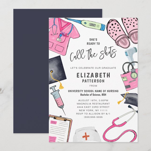 Sie ist Bereitete Call Shots Nurse Graduation Part Einladung (Vorne/Hinten)