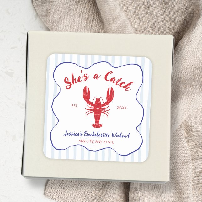 Sie ist Catch Hummer Junggeselinnen-Abschied Quadratischer Aufkleber (She’s a Catch Lobster Bachelorette Party Square Sticker)