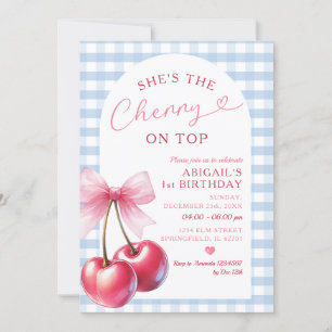 Sie ist Cherry auf Top Blue Gingham Pink Birthday  Einladung