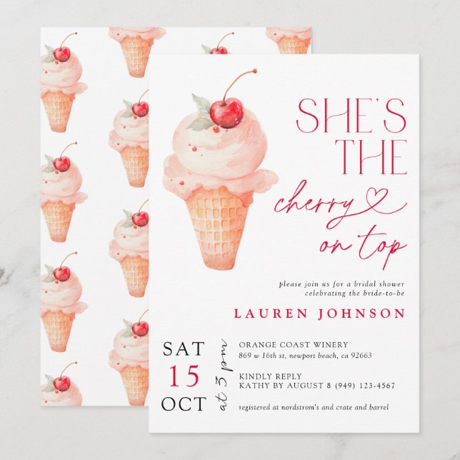 Sie ist die Cherry auf der Top Ice Cream Bridal Einladung (Vorne/Hinten)