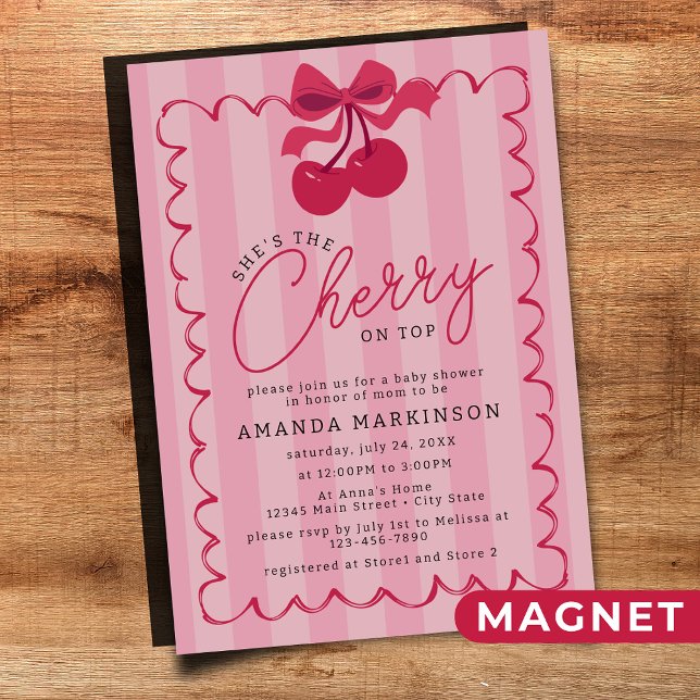 Sie ist die Cherry auf der Top Pink Baby Dusche Magneteinladung (Von Creator hochgeladen)