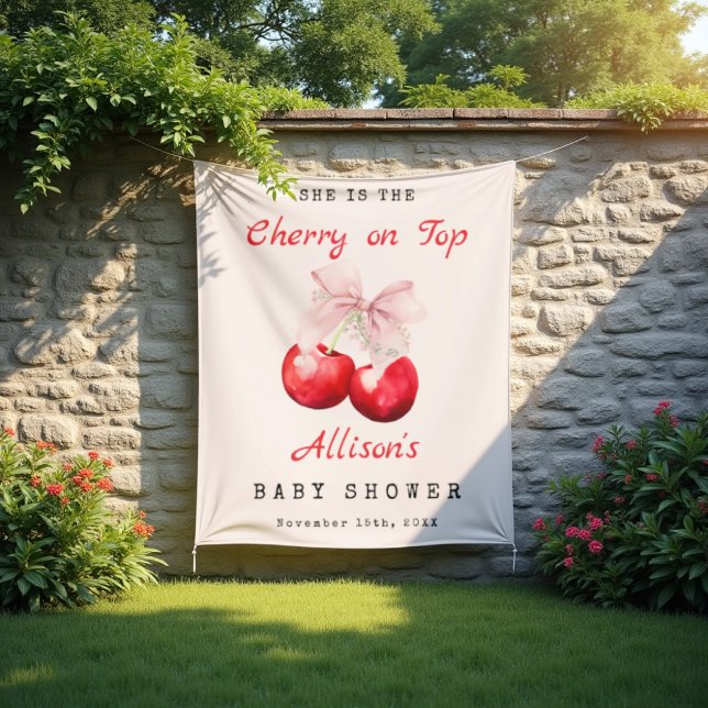Sie ist die Cherry auf der Top Pink Bow Baby Dusch Wandteppich (She is the Cherry on Top Pink Bow Baby Shower Tapestry)