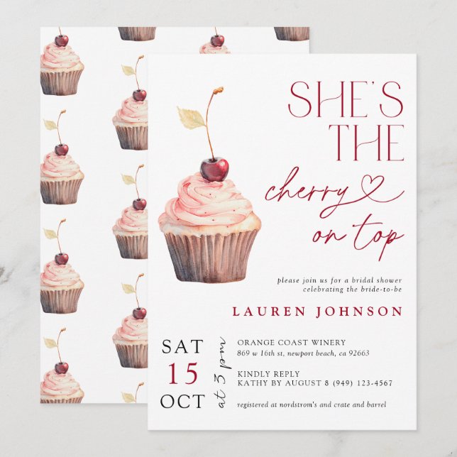 Sie ist die Cherry in Top Modern Bridal Einladung (Vorne/Hinten)