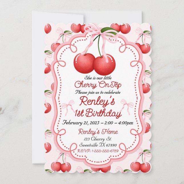 Sie ist draußen kleine Cherry auf Top Bow Coquette Einladung (Vorderseite)