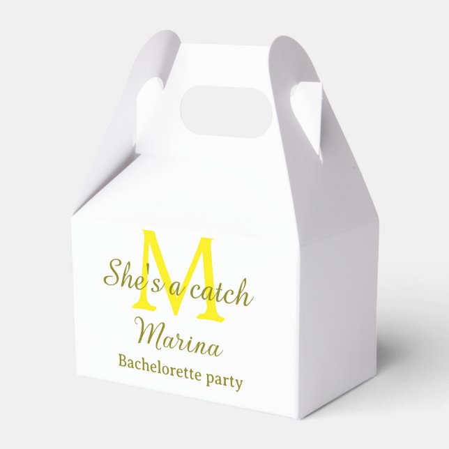 Sie ist ein Fang gelbe Monogramm-Junggesellinnenpa Geschenkschachtel (Vorderseite)