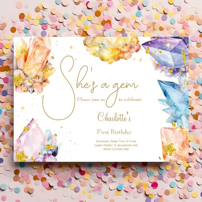 Sie ist ein Gem Birthday Crystals Girl's Aquarell Einladung (Von Creator hochgeladen)