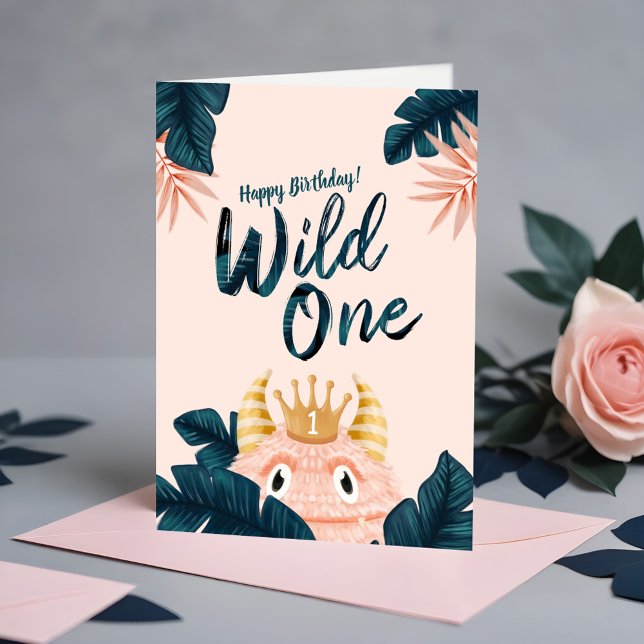 Sie ist ein Wild One Pink Monster & Tropical Jungl Karte (She's a Wild One Pink Monster & Tropical Jungle Card)