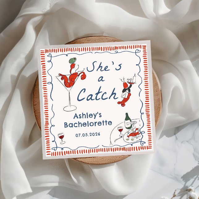 Sie ist eine Catch Lobster Bachelorette Napkin Serviette (Von Creator hochgeladen)