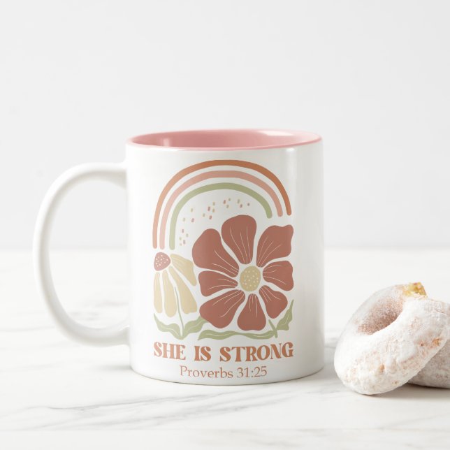 Sie ist eine starke Bibelverse Zweifarbige Tasse (Mit Donut)
