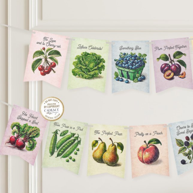 Sie ist frisch vom Bridal-Banner des Marktes Wimpelkette (She's Off the Market Bridal Shower Bunting with fruits and vegetables and clever love-themed puns)