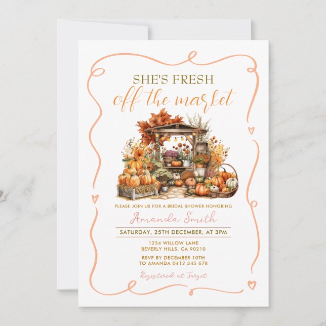 Sie ist frisch vom Market Pumpkin Brautparty Einladung (Vorderseite)