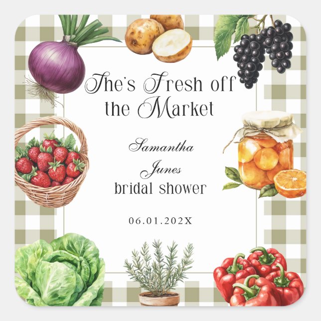 Sie ist frisch vom Markt Gingham-Brautdusche Quadratischer Aufkleber (Vorderseite)
